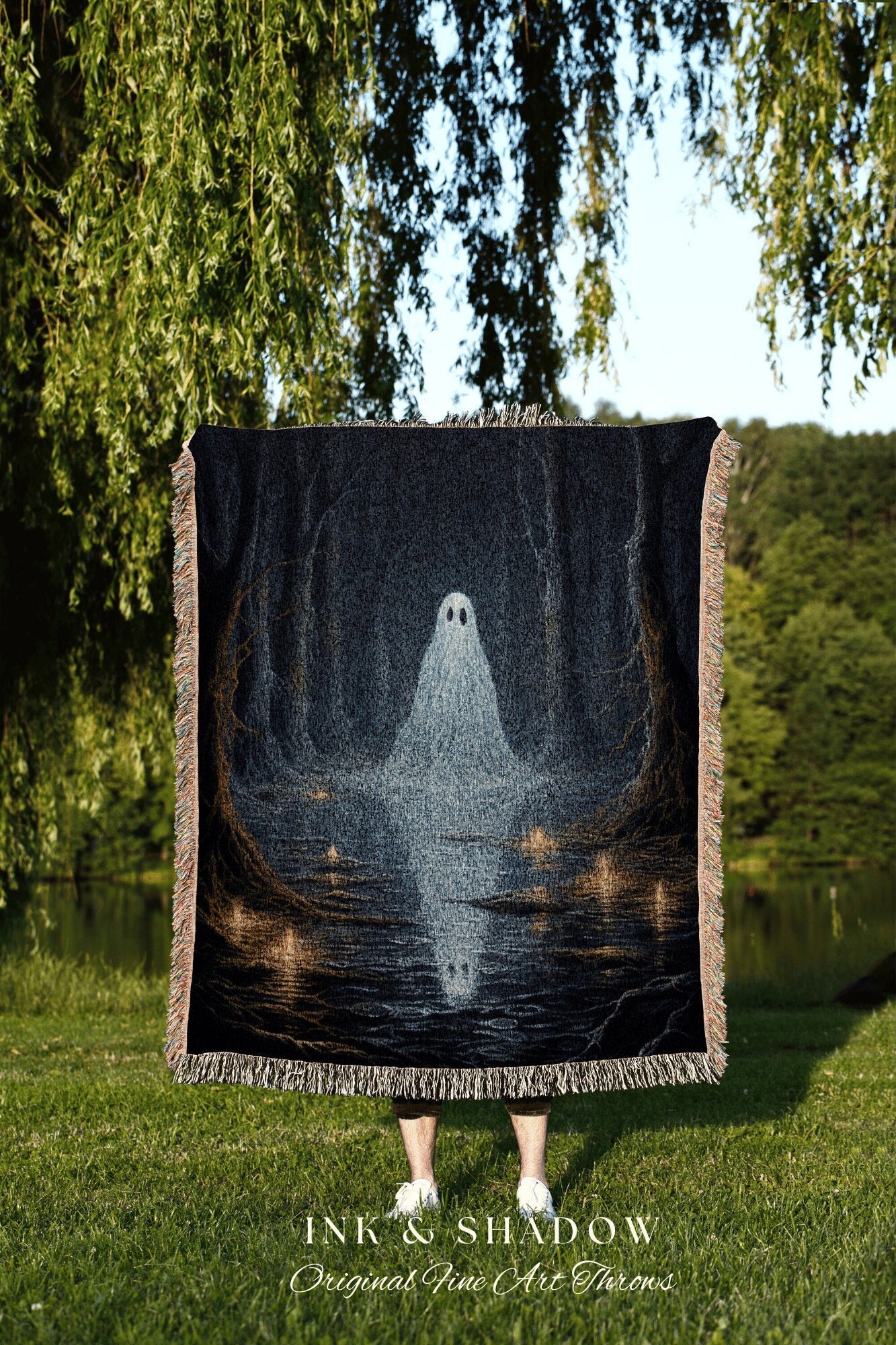 Moonlit Forest Ghost Reflection Woodland Gothic Tapestry Woven | Whimsigoth Moody Landscape Blanket Dark Cottagecore Forest Ghost Painting |