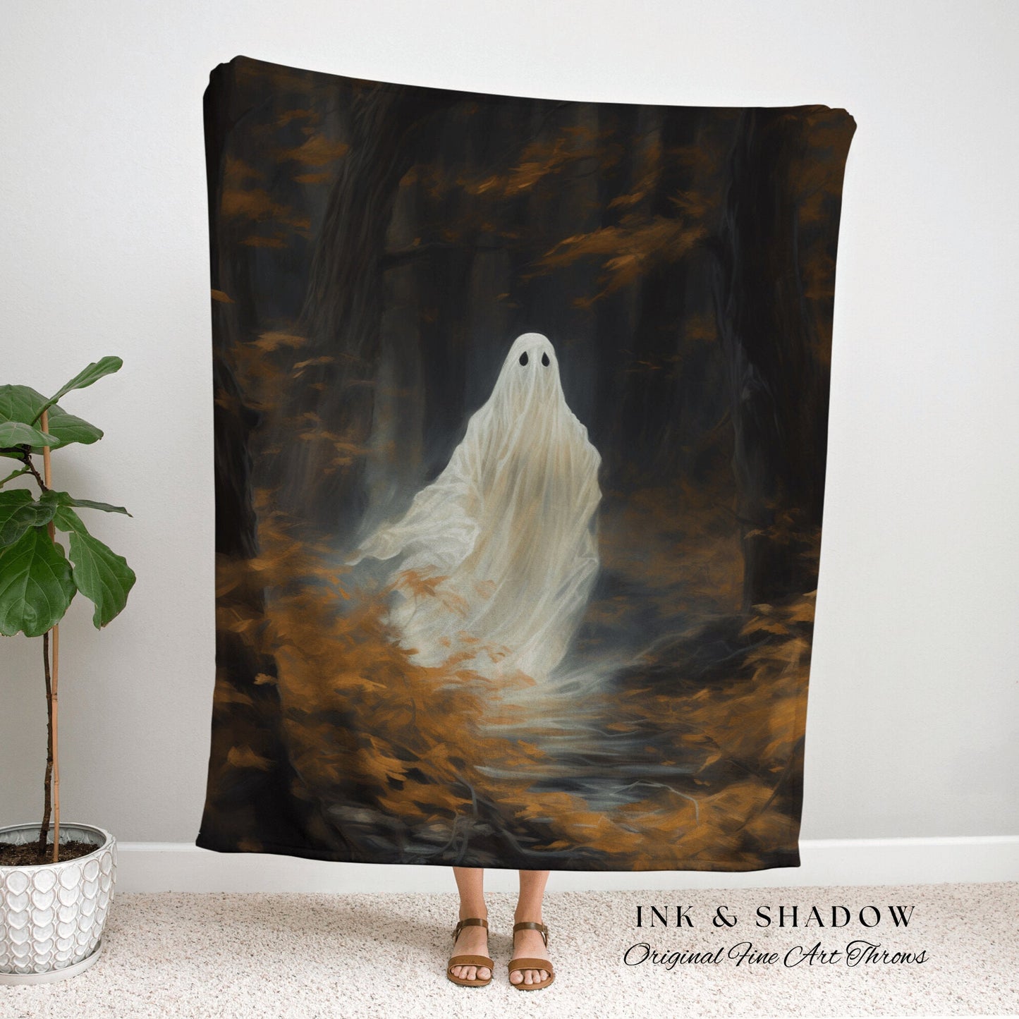 Woodland Spirit Tapestry Blanket Halloween Art | Fall Aesthetic Vintage Ghost Art Woven Tapestry Halloween Decor Dark Academia Blanket Goth