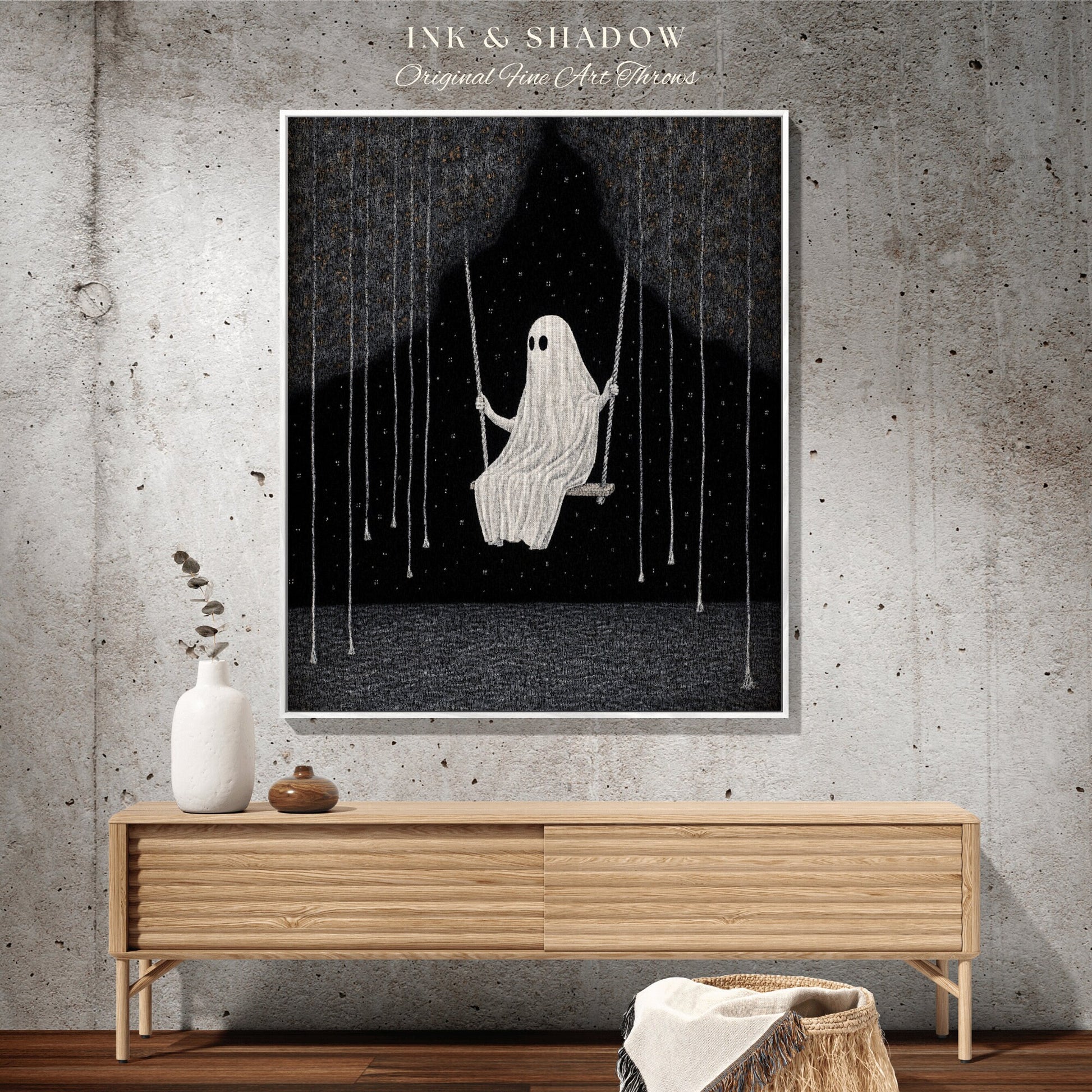 Ghost on a Swing Spooky Cute Blanket Woven | Goth Tapestry Wall Art Dark Academia Decor Cute Ghost Decor Vintage Witchy Halloween Aesthetic