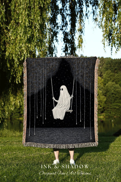 Ghost on a Swing Spooky Cute Blanket Woven | Goth Tapestry Wall Art Dark Academia Decor Cute Ghost Decor Vintage Witchy Halloween Aesthetic