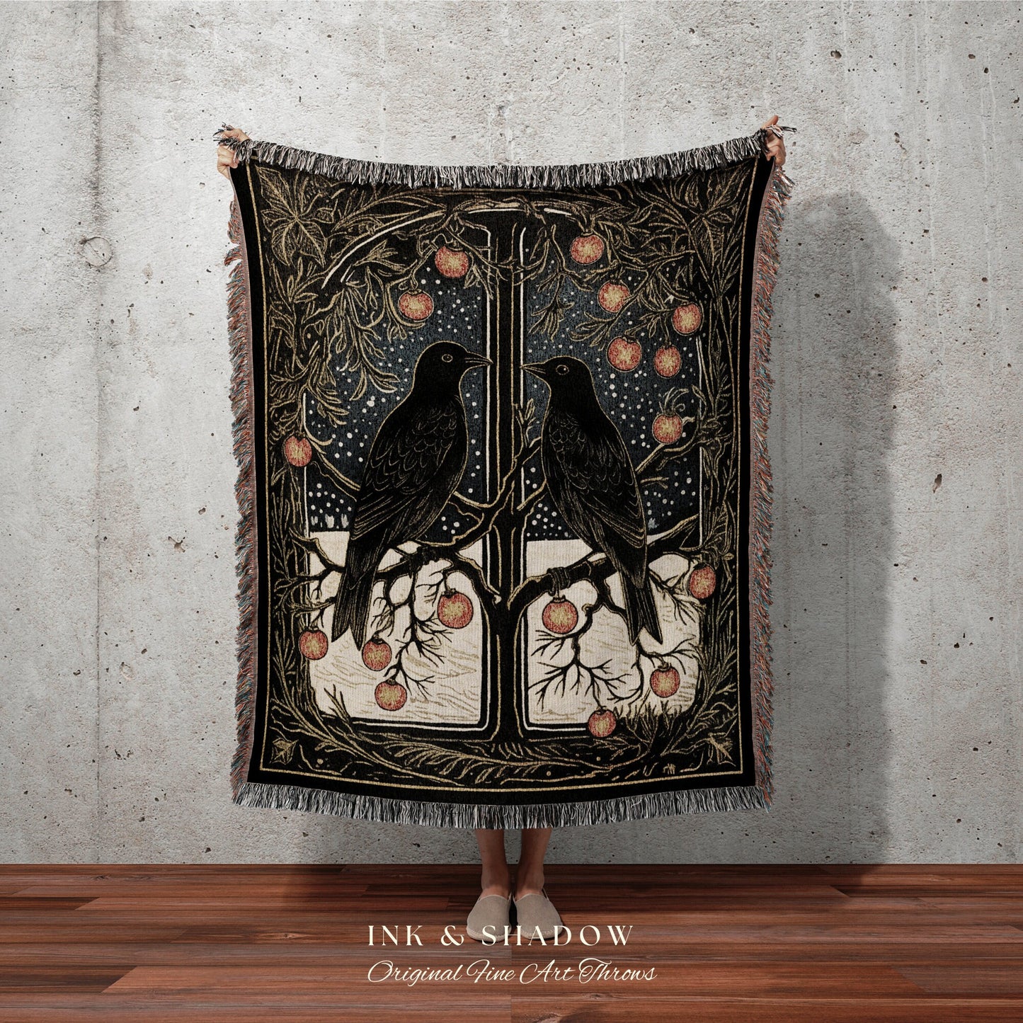 Winter Crow Blanket Vintage Christmas Decor Tapestry Whimsigoth Blanket | Gothic Christmas Tapestry Raven Decor Crowcore Room Decor Blanket