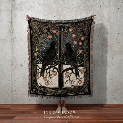 Winter Crow Blanket Vintage Christmas Decor Tapestry Whimsigoth Blanket | Gothic Christmas Tapestry Raven Decor Crowcore Room Decor Blanket