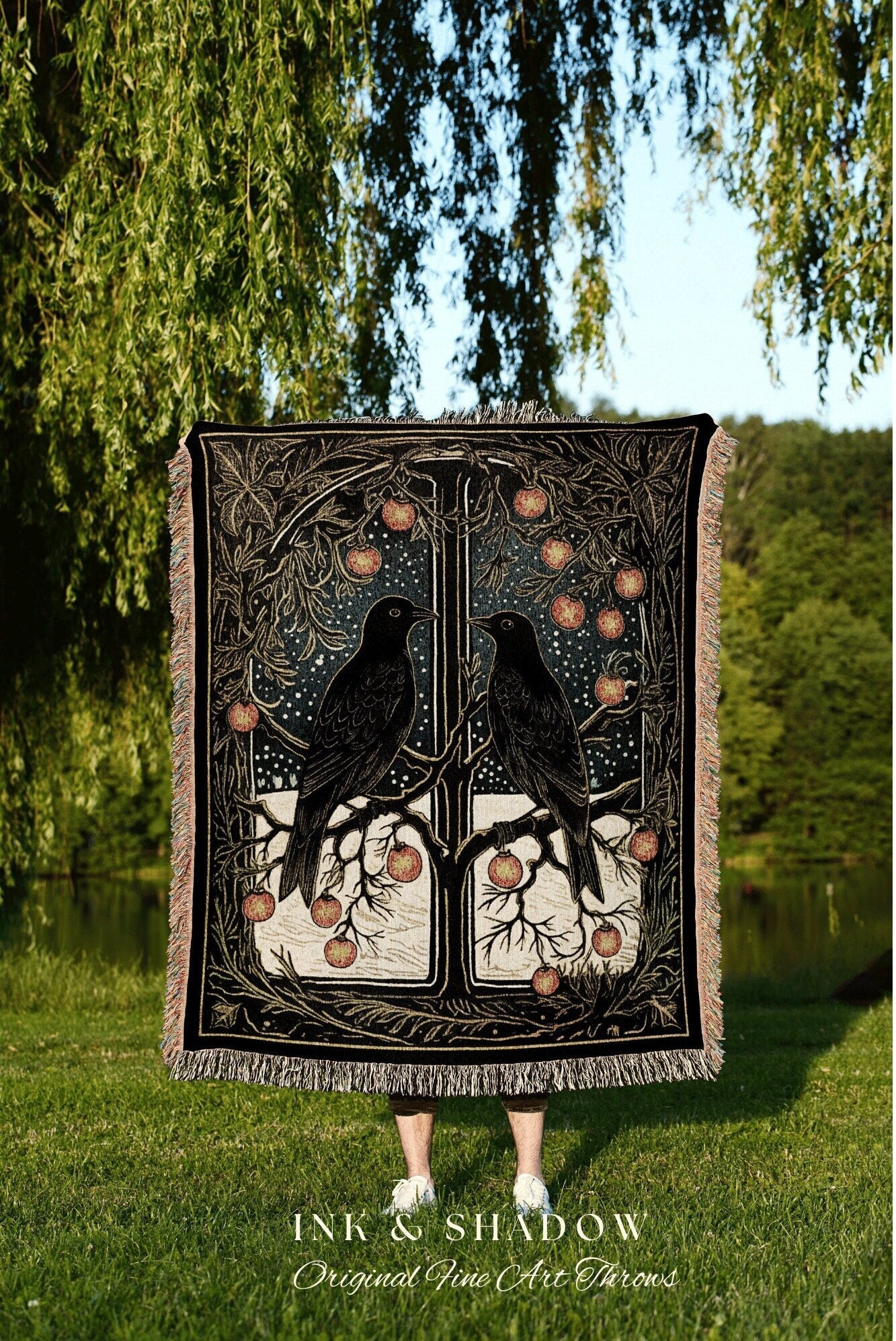 Winter Crow Blanket Vintage Christmas Decor Tapestry Whimsigoth Blanket | Gothic Christmas Tapestry Raven Decor Crowcore Room Decor Blanket