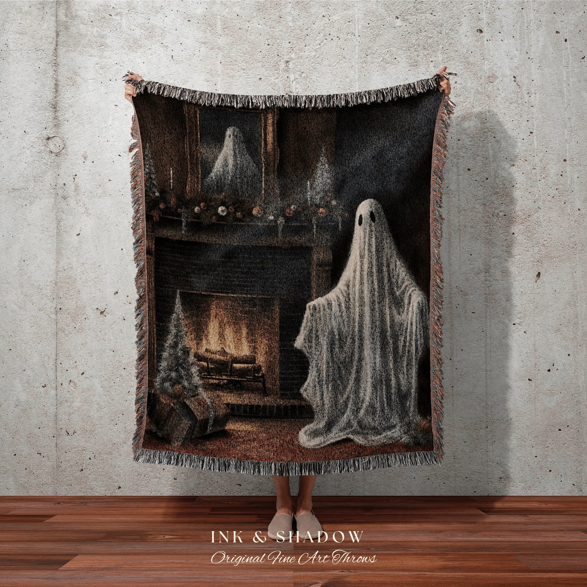 Cozy Fireplace Ghost Blanket Goth Christmas Blanket Woven Tapestry | Throw Blanket Winter Holiday Home Decor Christmas Spooky Cute Ghost Art