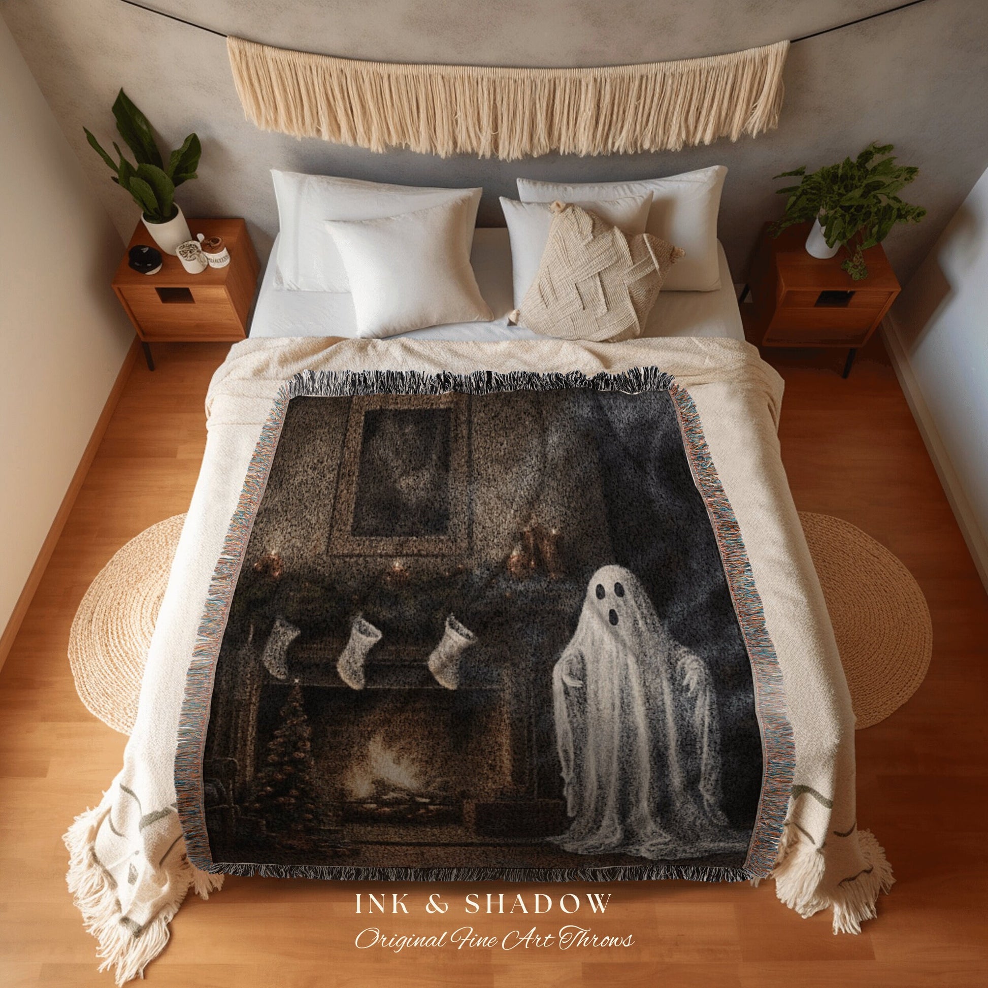 Christmas Ghost Gothic Christmas Blanket Woven Tapestry | Woven Throw Blanket Winter Holiday Home Decor Christmas Spooky Cute Ghost Tapestry