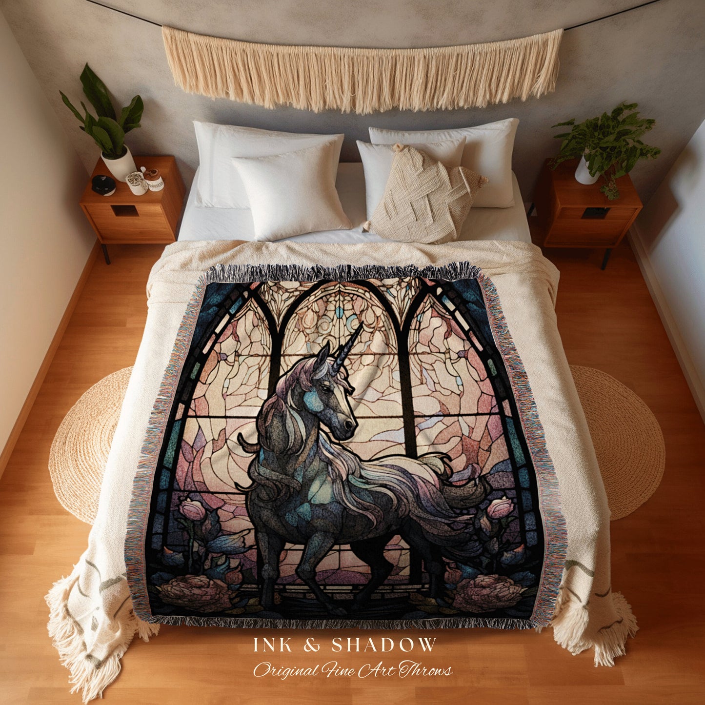 Stained Glass Unicorn Tapestry Woven Blanket | Decor Vintage Unicorn Wall Art Ethereal Tapestry | Magical Unicorn Room Decor Mystical Art |