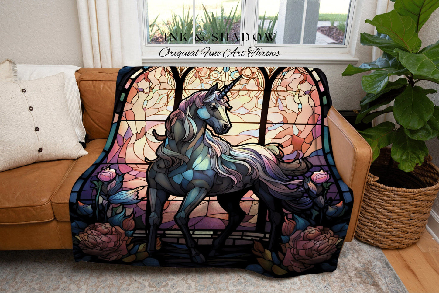 Stained Glass Unicorn Tapestry Woven Blanket | Decor Vintage Unicorn Wall Art Ethereal Tapestry | Magical Unicorn Room Decor Mystical Art |