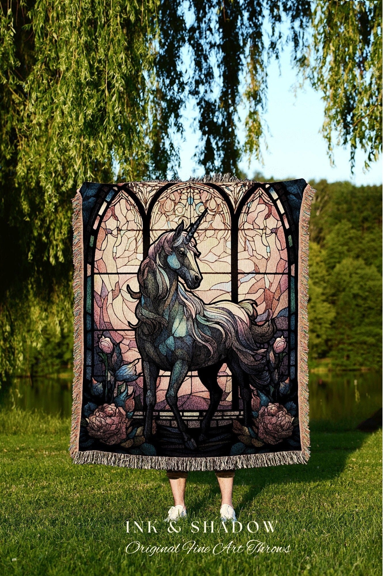 Stained Glass Unicorn Tapestry Woven Blanket | Decor Vintage Unicorn Wall Art Ethereal Tapestry | Magical Unicorn Room Decor Mystical Art |