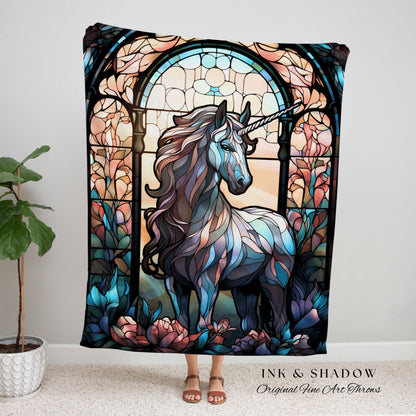 Fairycore Unicorn Blanket Stained Glass Tapestry Vintage Unicorn Art Ethereal Tapestry Woven | Magical Unicorn Room Decor Mythical Wall Art