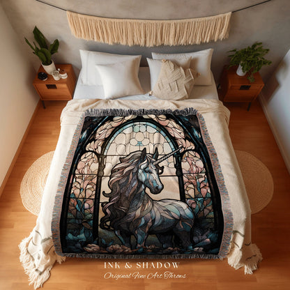 Fairycore Unicorn Blanket Stained Glass Tapestry Vintage Unicorn Art Ethereal Tapestry Woven | Magical Unicorn Room Decor Mythical Wall Art