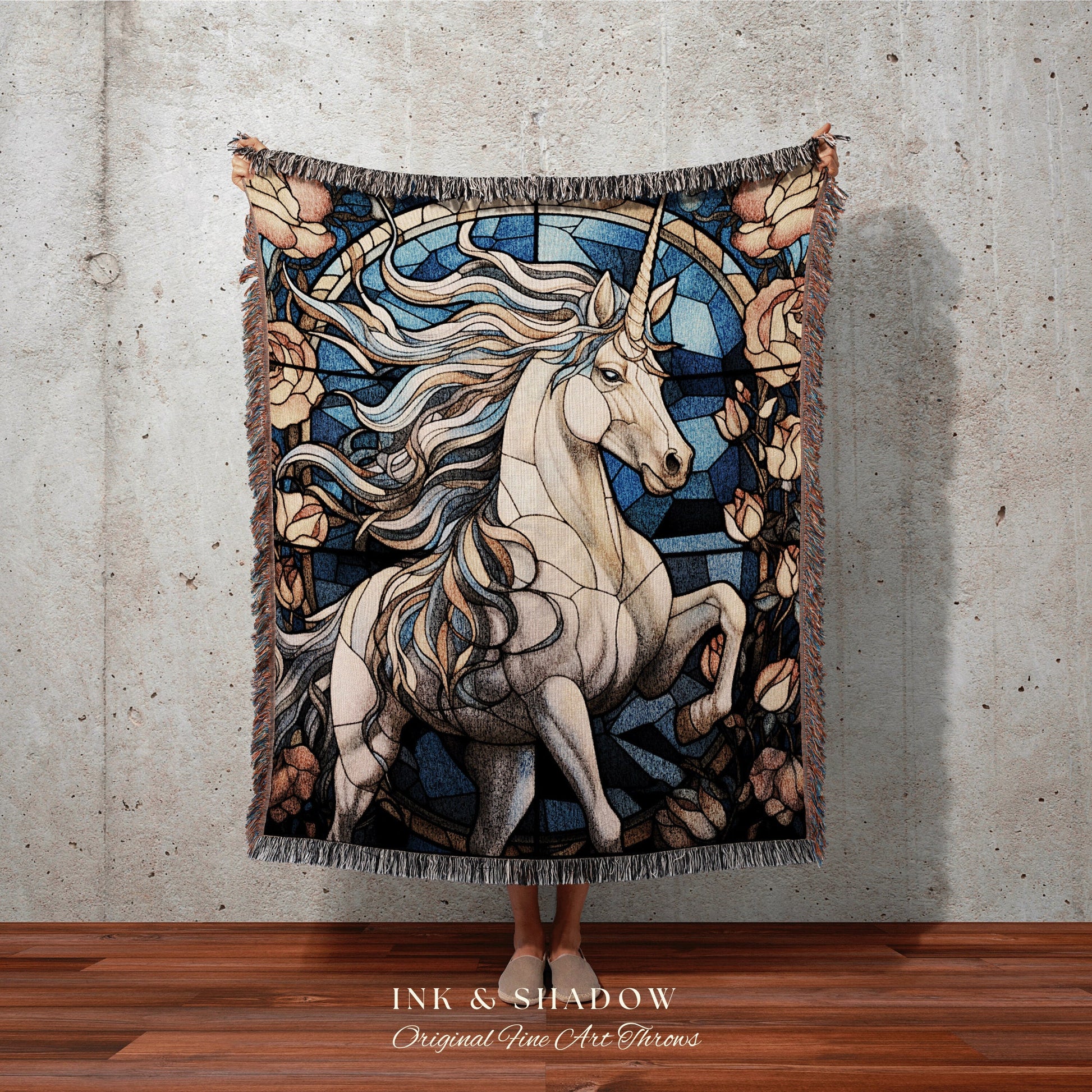 Stained Glass Unicorn Blanket Woven Tapestry | Vintage Unicorn Art Ethereal Tapestry Woven | Magical Unicorn Room Decor Mythical Wall Art |