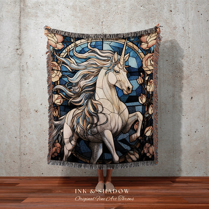 Stained Glass Unicorn Blanket Woven Tapestry | Vintage Unicorn Art Ethereal Tapestry Woven | Magical Unicorn Room Decor Mythical Wall Art |