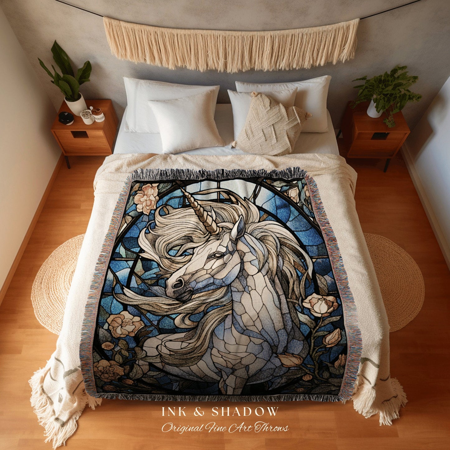 Ethereal Unicorn Tapestry Woven Blanket | Vintage Decor Stained Glass Unicorn Wall Art Ethereal Tapestry Magical Unicorn Room Decor Mystical