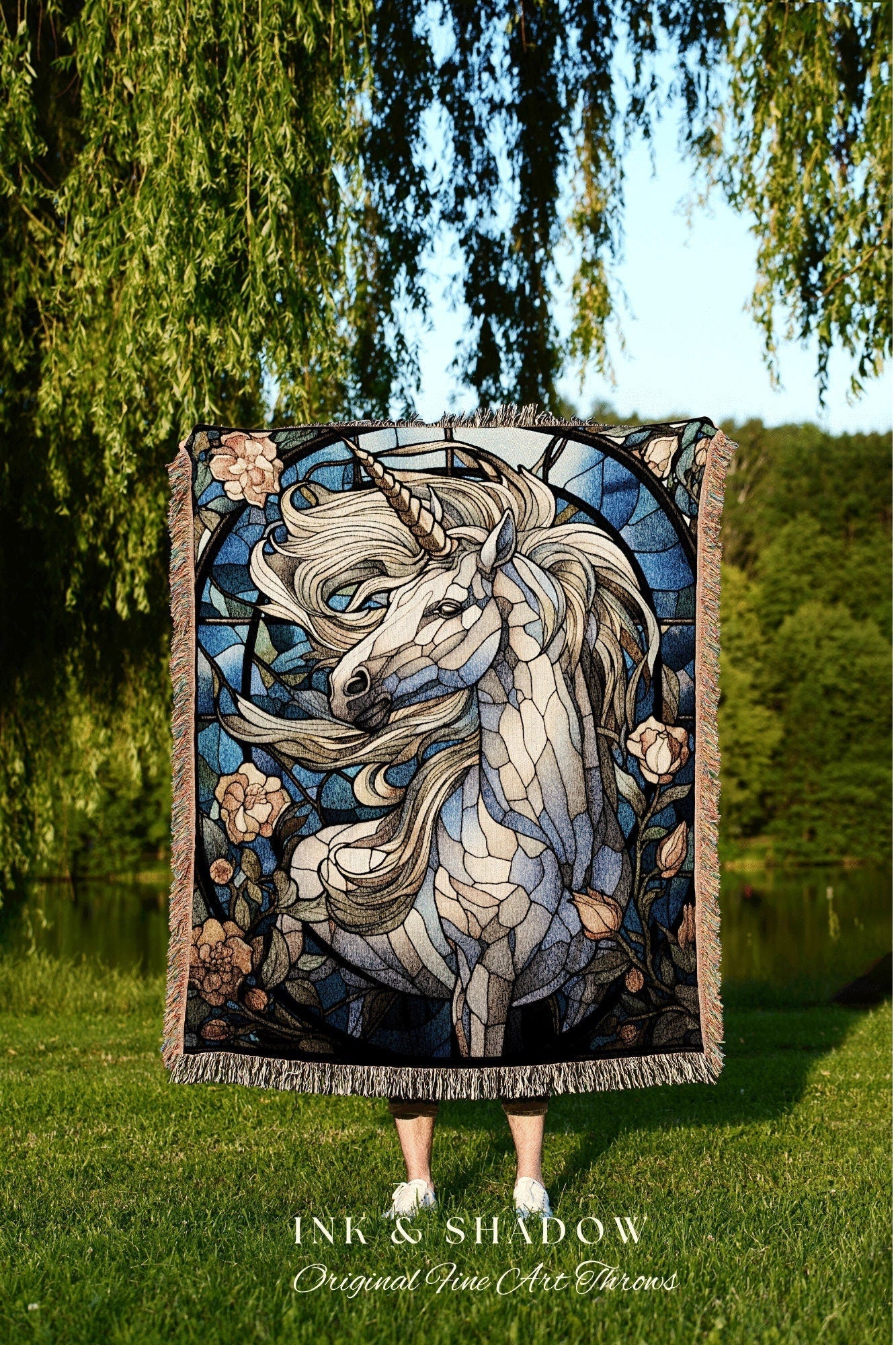 Ethereal Unicorn Tapestry Woven Blanket | Vintage Decor Stained Glass Unicorn Wall Art Ethereal Tapestry Magical Unicorn Room Decor Mystical