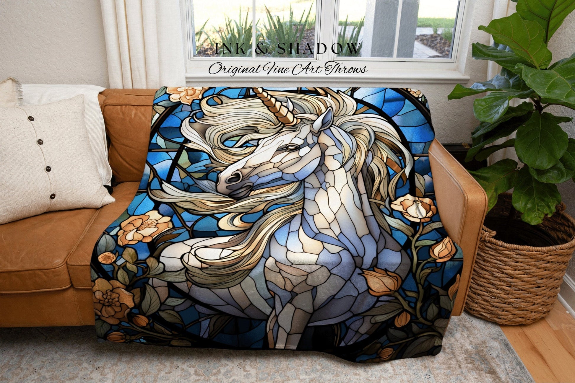 Ethereal Unicorn Tapestry Woven Blanket | Vintage Decor Stained Glass Unicorn Wall Art Ethereal Tapestry Magical Unicorn Room Decor Mystical