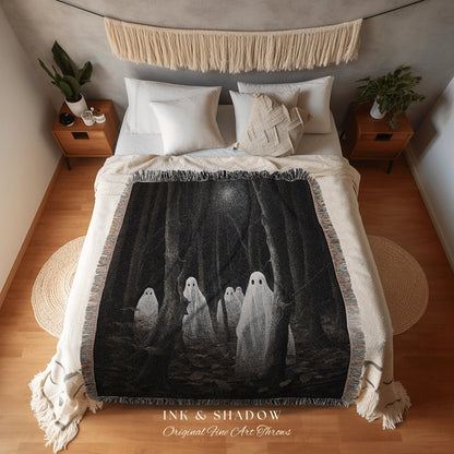 Dark Gothic Ghost Blanket Indie Room Decor Vintage Halloween Tapestry Woven Blanket | Haunted Forest Dark Cottagecore Decor Gothic Blanket |