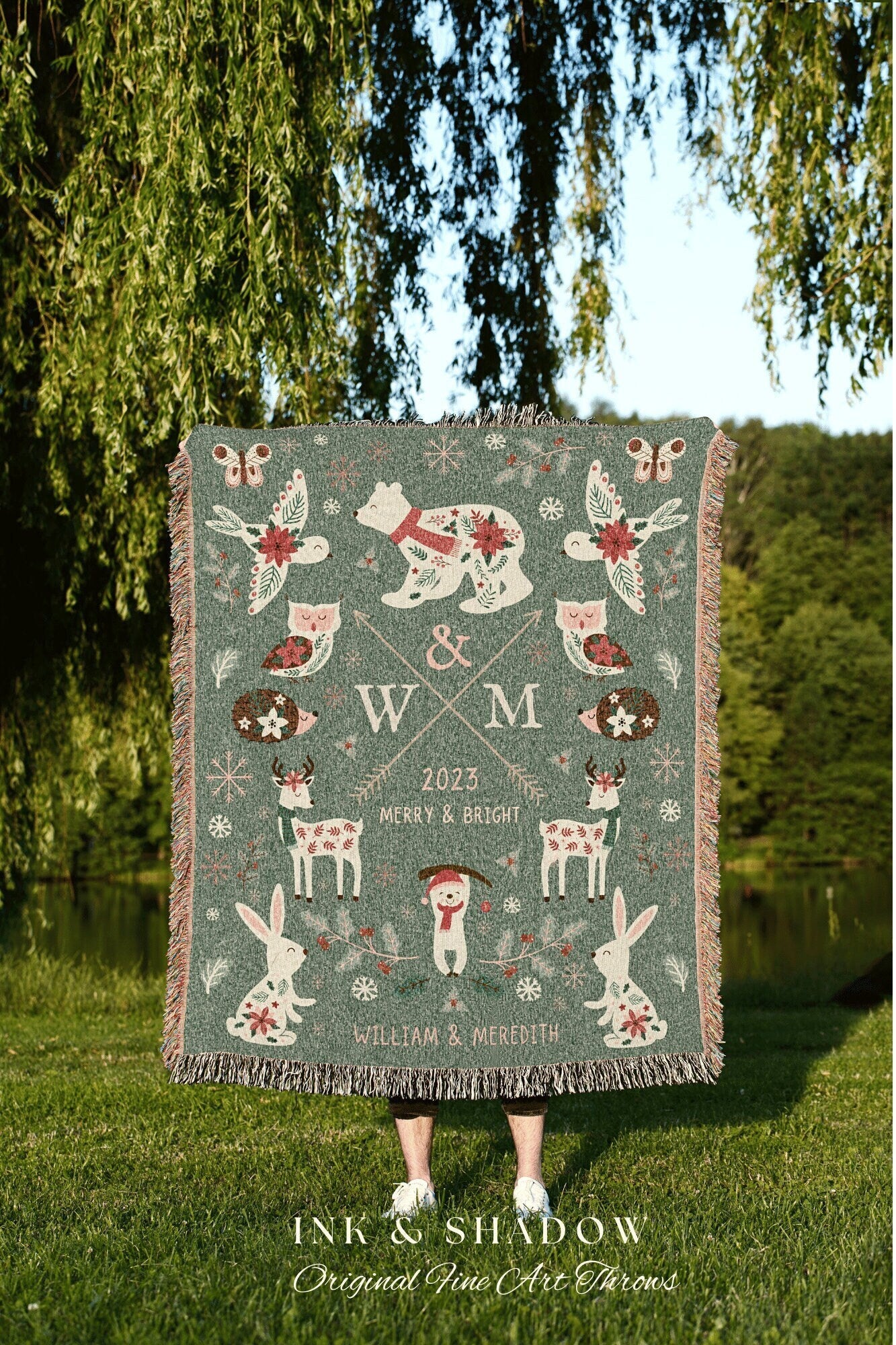 Holiday Wedding Gift Personalized Anniversary Blanket Woven Tapestry | Custom Winter Wedding Anniversary Gift Blanket Custom Initials Gift |