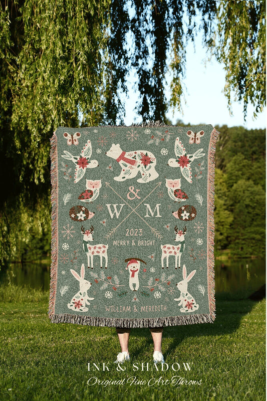 Holiday Wedding Gift Personalized Anniversary Blanket Woven Tapestry | Custom Winter Wedding Anniversary Gift Blanket Custom Initials Gift |