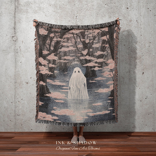 Misty Woodland Tapestry Blanket Pink Pastel Wall Art | Halloween Vintage Ghost Art Woven Tapestry Blanket Halloween Decor Dark Academia Dorm