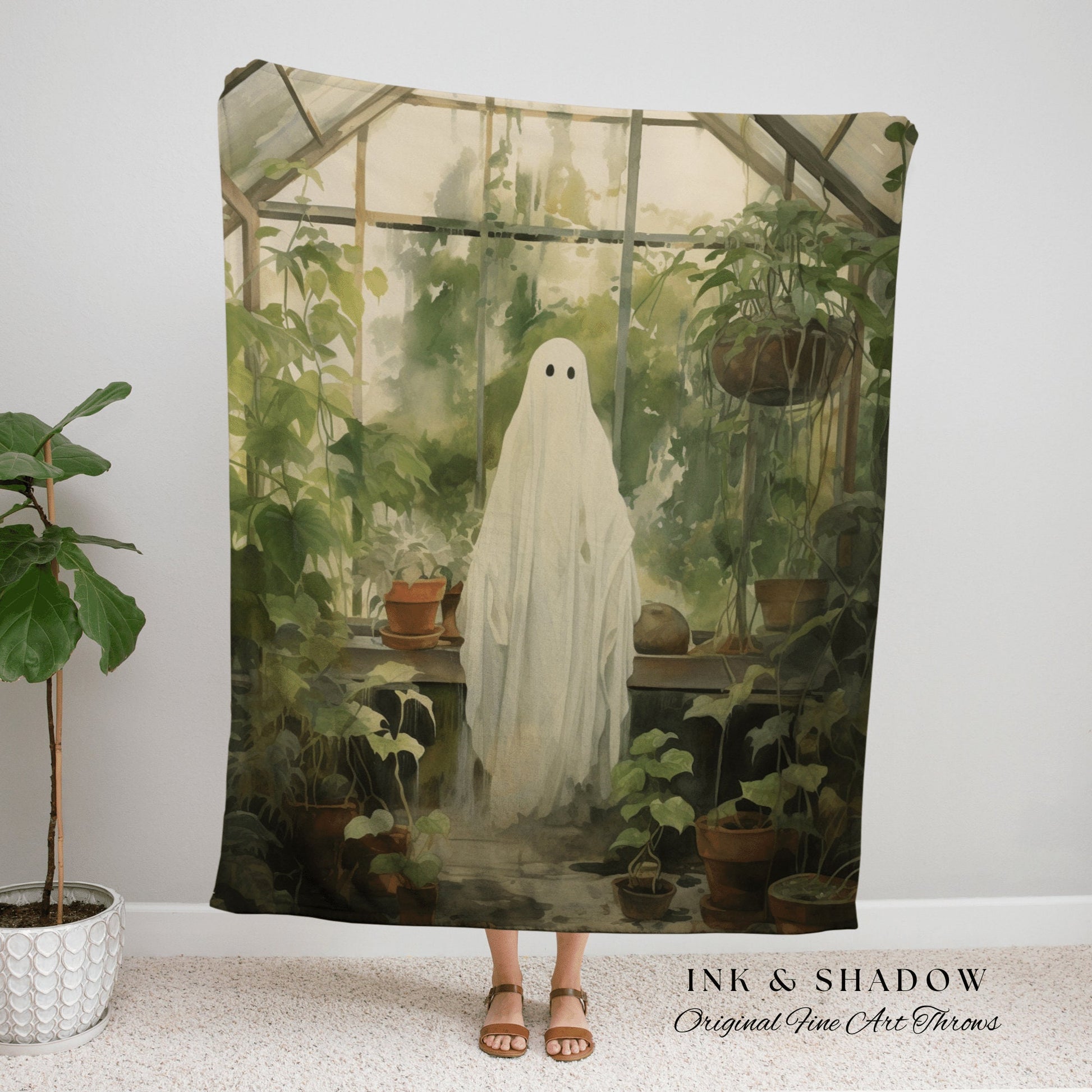 Greenhouse Ghost Vintage Halloween Blanket Woven | Botanical Tapestry Vintage Ghost Art Woven Tapestry Halloween Decor Dark Academia Blanket