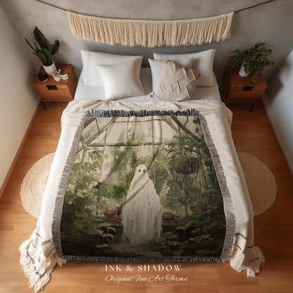 Greenhouse Ghost Vintage Halloween Blanket Woven | Botanical Tapestry Vintage Ghost Art Woven Tapestry Halloween Decor Dark Academia Blanket