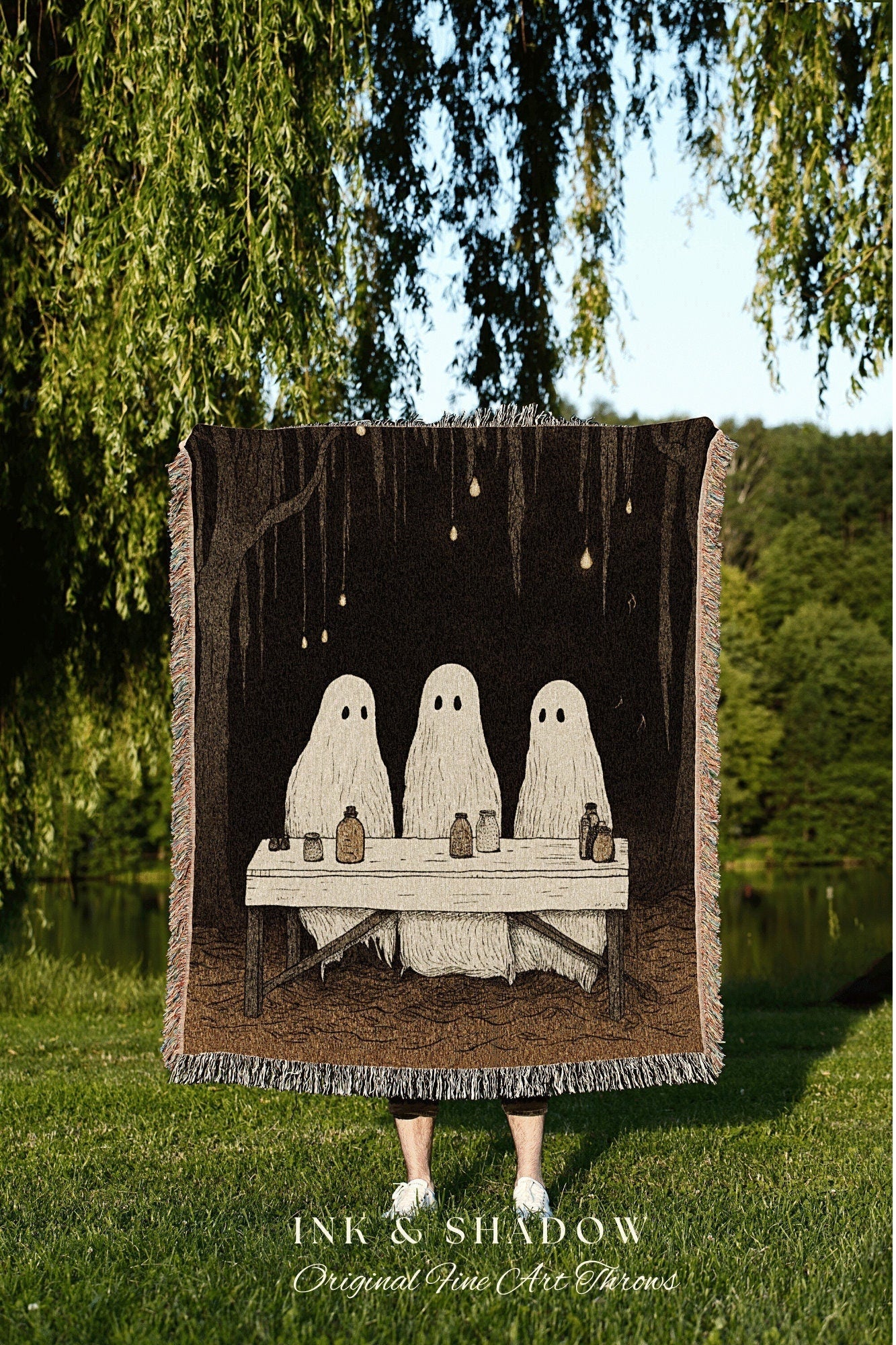 Ghost Family Retro Halloween Decor Blanket Woven | Spooky Cute Ghost Art Woven Tapestry Blanket Halloween Decor Dark Academia Vintage Decor