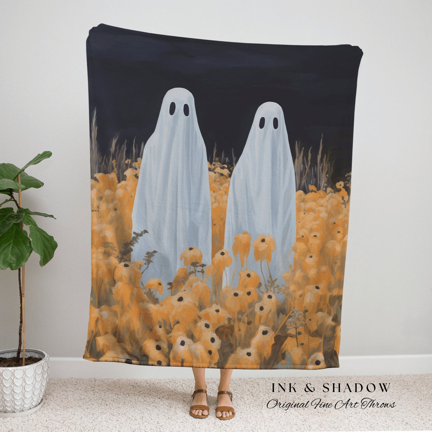 Ghost Couple Tapestry | Indie Room Decor Vintage Halloween Tapestry Woven Blanket Ghost Friends | Haunted Forest Ghost Blanket Occult Decor