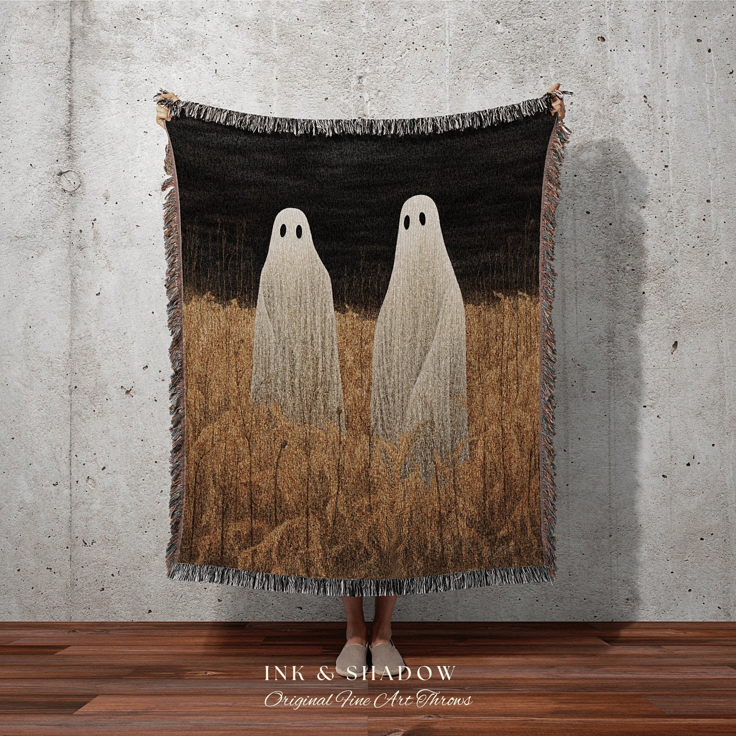 Spooky Ghost Friends Halloween Decor Vintage Tapestry Woven Blanket Ghost Friends | Dark Cottagecore Decor Gothic Dorm Room Tapestry Blanket