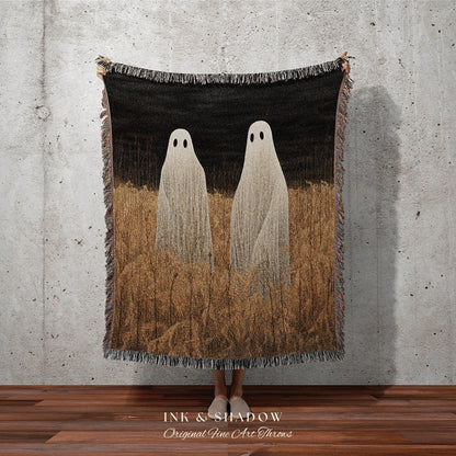 Spooky Ghost Friends Halloween Decor Vintage Tapestry Woven Blanket Ghost Friends | Dark Cottagecore Decor Gothic Dorm Room Tapestry Blanket