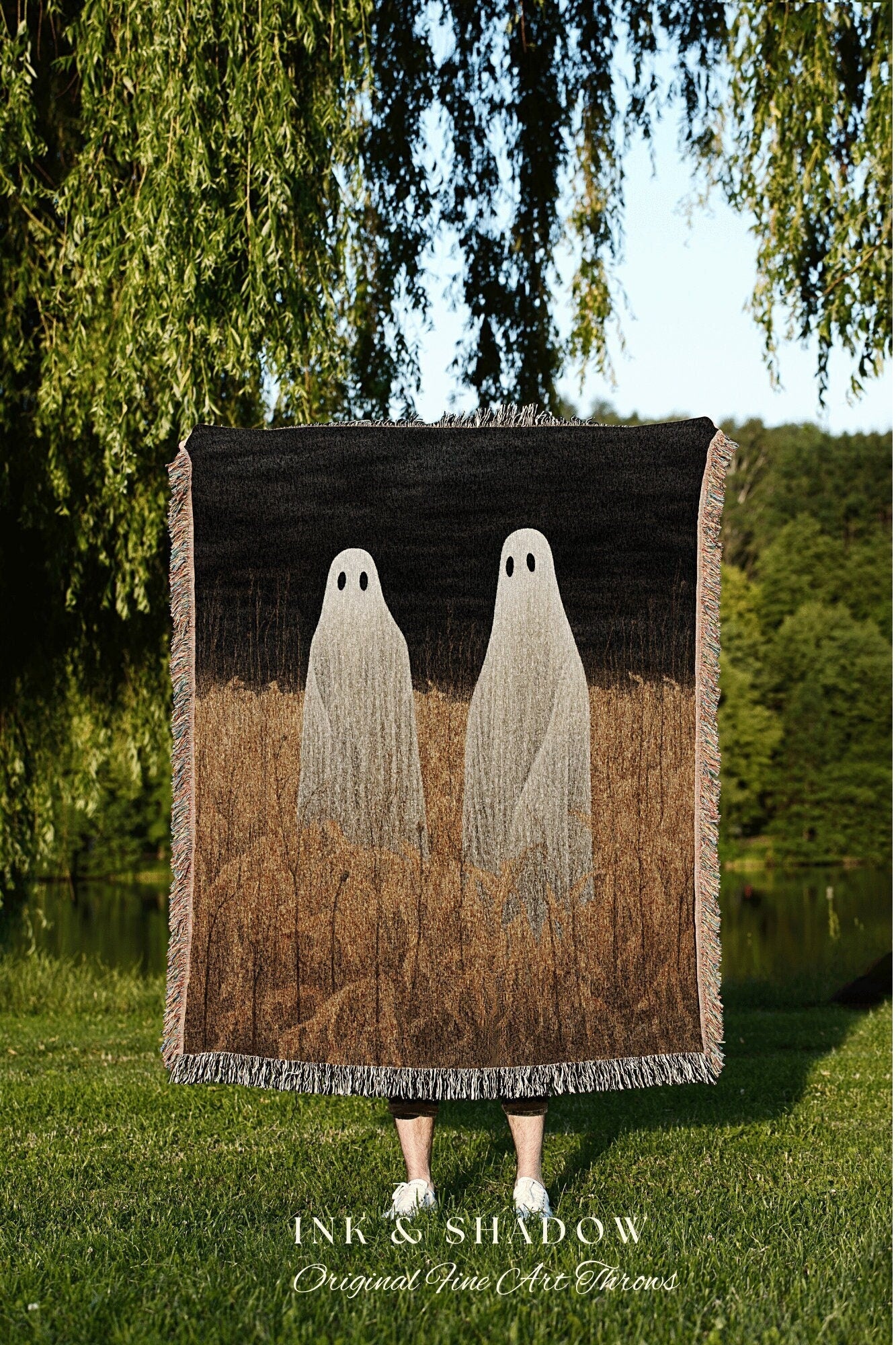 Spooky Ghost Friends Halloween Decor Vintage Tapestry Woven Blanket Ghost Friends | Dark Cottagecore Decor Gothic Dorm Room Tapestry Blanket