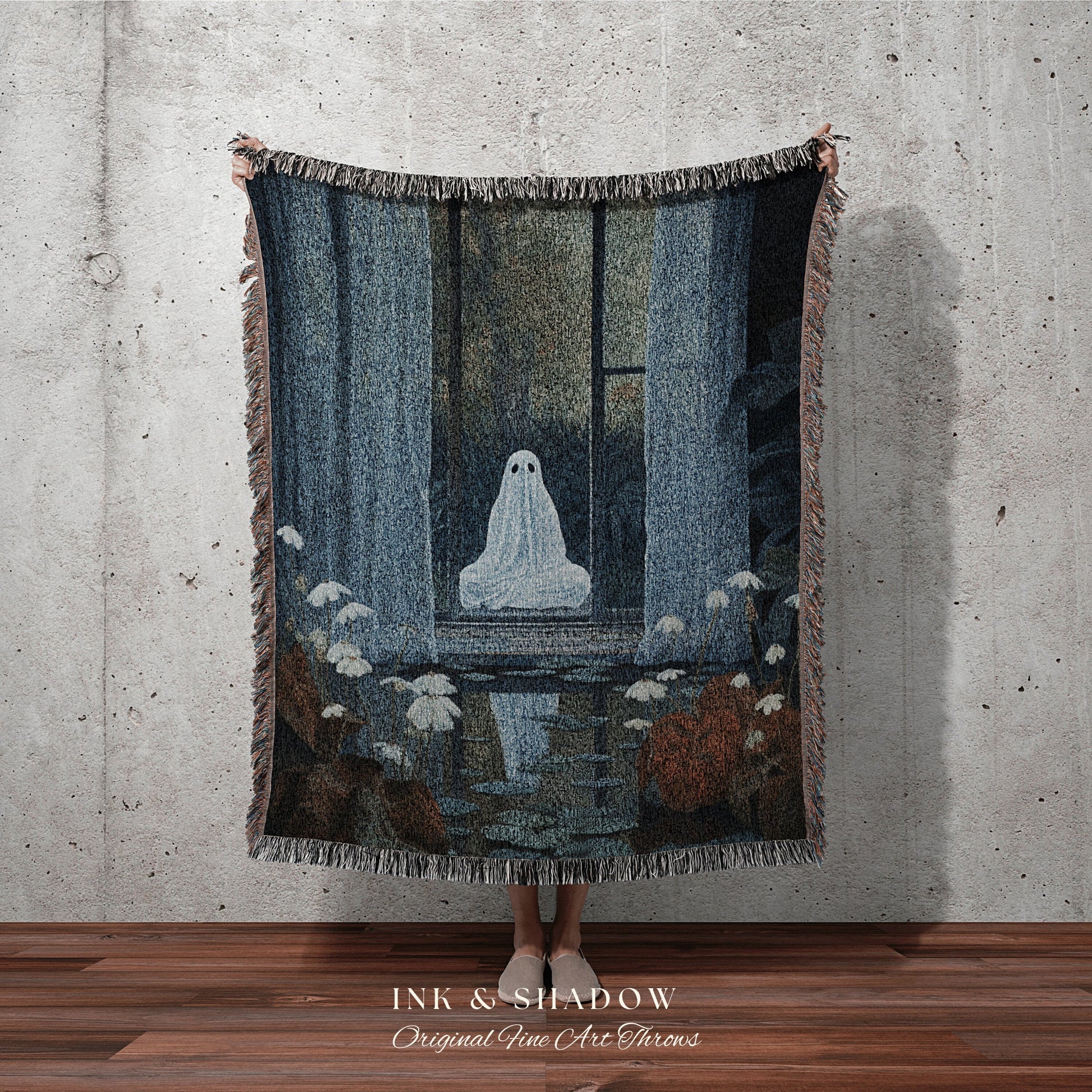 Haunted Window Ghost Spooky Tapestry | Fall Aesthetic Vintage Ghost Art Woven Tapestry Halloween Decor Dark Academia Wall Art Ghost Blanket