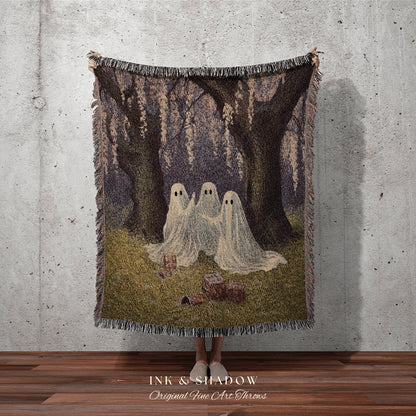 Wisteria Ghosts Blanket Floral Tapestry Woven Wall Hanging | Halloween Vintage Ghost Art Woven Tapestry Blanket Halloween Ghost Family Throw