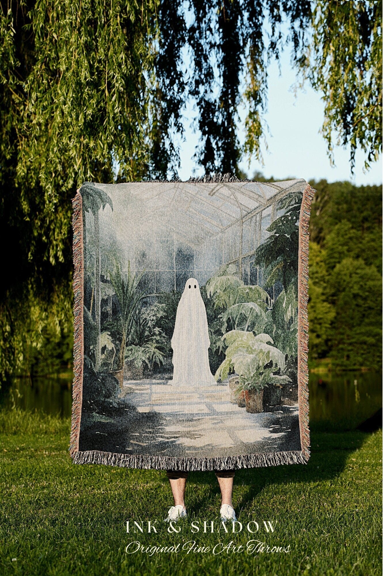 Vintage Garden Ghost Spooky Art Blanket Woven | Botanical Tapestry Vintage Ghost Art Woven Tapestry Halloween Decor Dark Academia Blanket