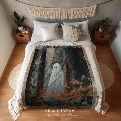 Botanical Forest Ghost Tapestry Blanket Ghost Spooky Tapestry | Halloween Vintage Ghost Art Woven Tapestry Halloween Decor Dark Academia Art