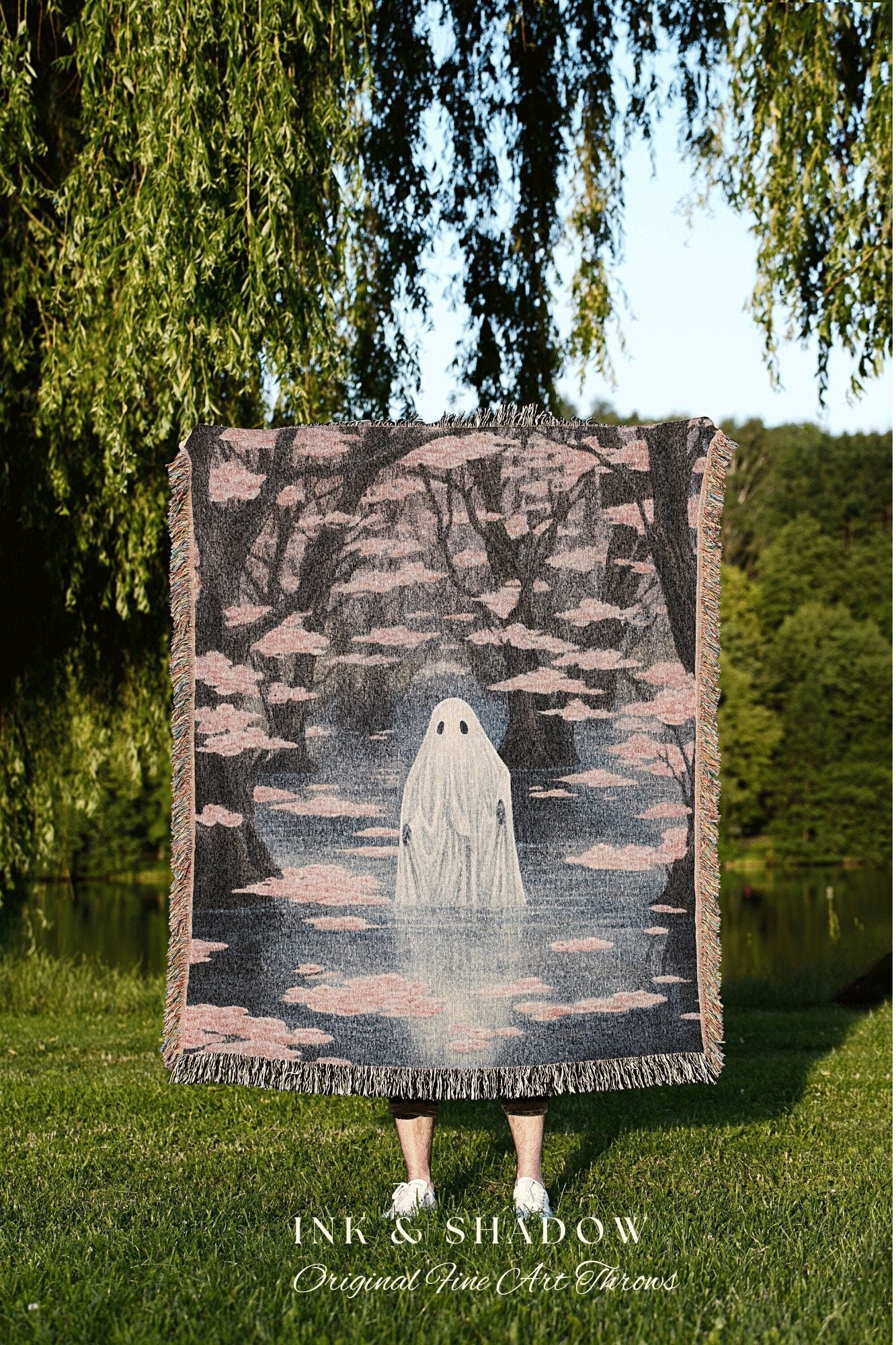 Misty Woodland Tapestry Blanket Pink Pastel Wall Art | Halloween Vintage Ghost Art Woven Tapestry Blanket Halloween Decor Dark Academia Dorm