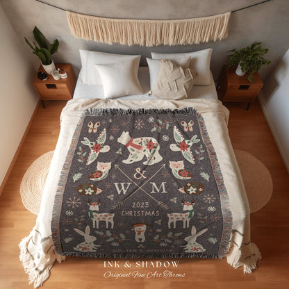 Custom Couple Nordic Woodland Christmas Throw Personalized Festive Holiday Decor | Cute Animal Winter Tapestry Blanket Cozy Cottagecore Gift