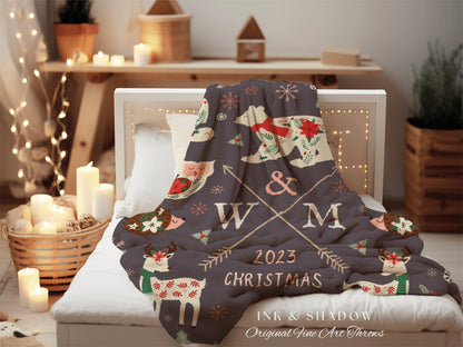 Custom Couple Nordic Woodland Christmas Throw Personalized Festive Holiday Decor | Cute Animal Winter Tapestry Blanket Cozy Cottagecore Gift