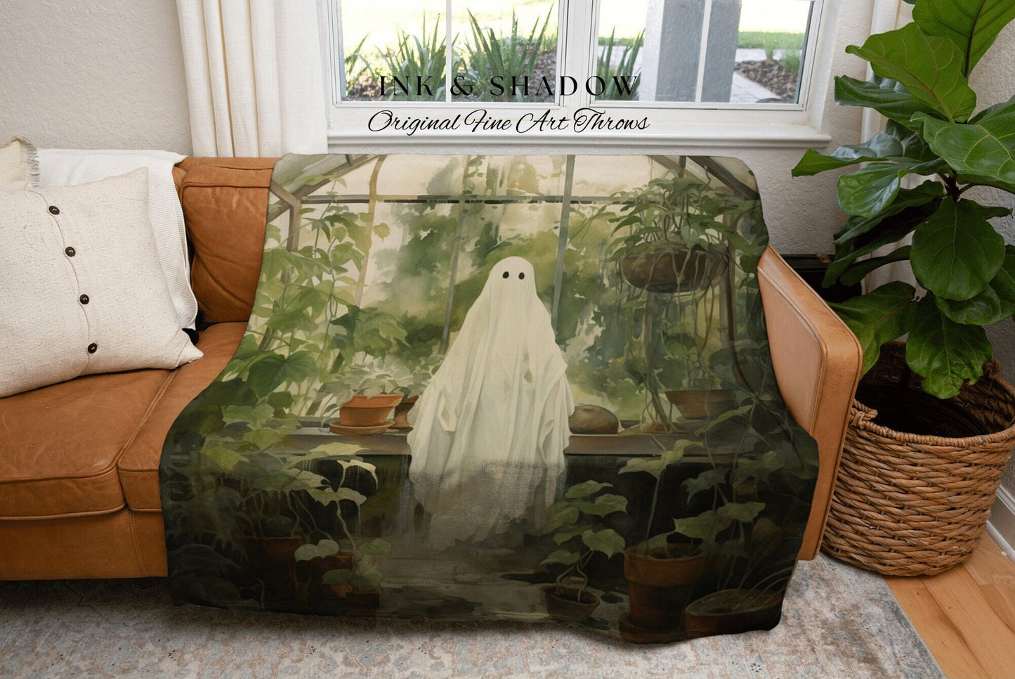 Greenhouse Ghost Vintage Halloween Blanket Woven | Botanical Tapestry Vintage Ghost Art Woven Tapestry Halloween Decor Dark Academia Blanket