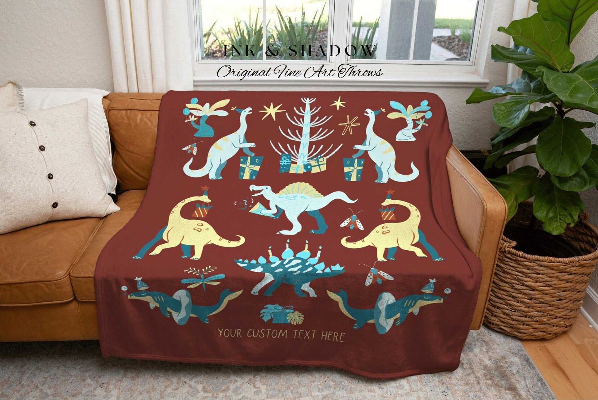 Dino Blanket Personalized Message Gift | First Birthday Gift Custom Tapestry Dinosaur Blanket Woven | Custom Dino Bedding For Boys Birthday