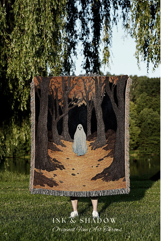 Fall Aesthetic Ghost Cute Halloween Tapestry Blanket Woven | Spooky Cute Decor Vintage Halloween Art Tapestry Dark Cottagecore Decor Gothic