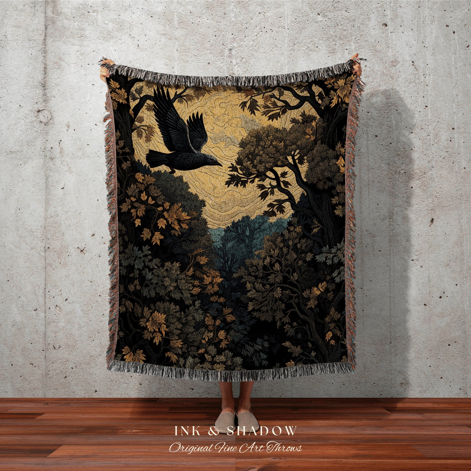 Crowcore Whimsigoth Tapestry Goth Blanket Woven Throw Blanket | Crow Decor Witchy Decor Bedroom Landscape Tapestry Dark Cottagecore Decor