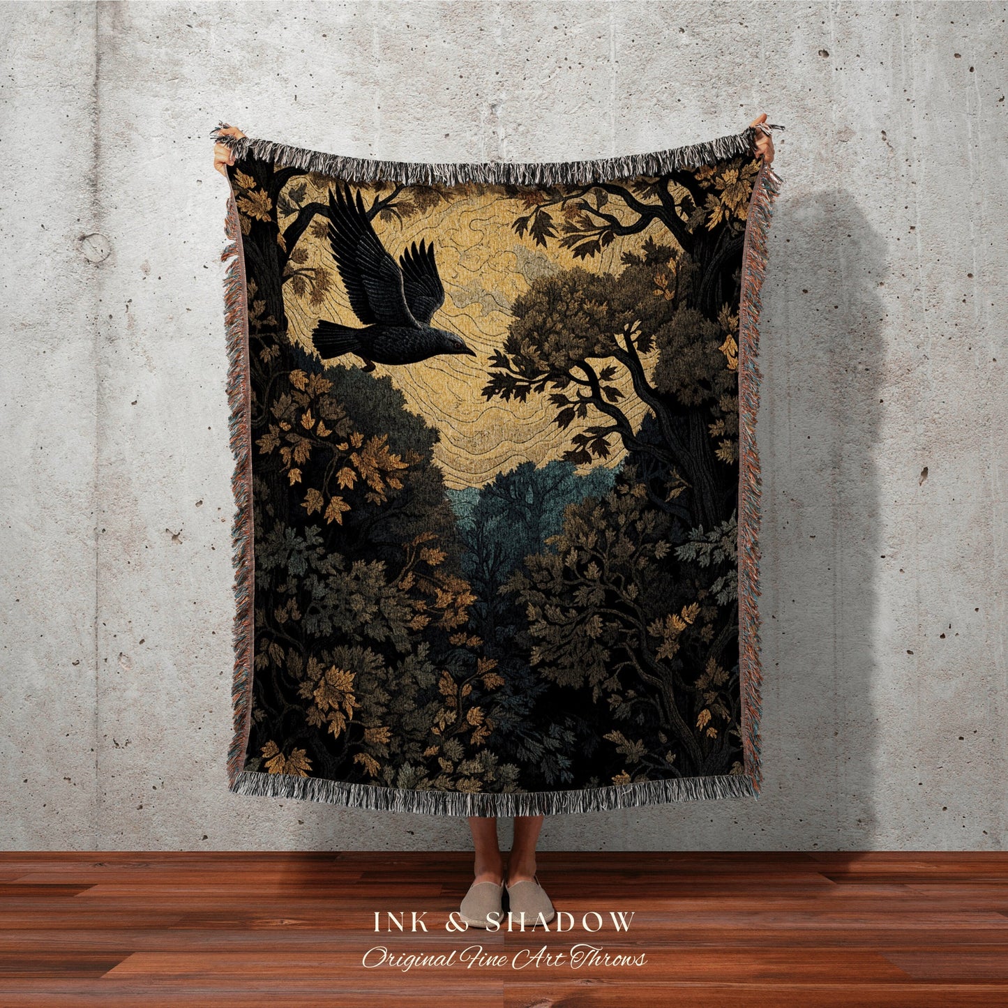 Whimsigoth Raven Night Tapestry Goth Blanket Woven Throw Blanket Crow Decor Witchy Decor Bedroom Landscape Tapestry Dark Cottagecore Decor