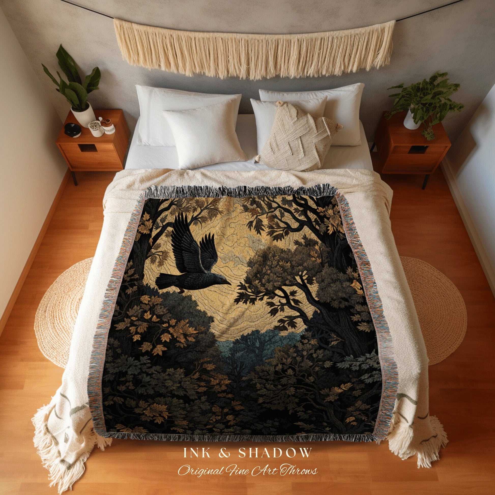 Whimsigoth Raven Night Tapestry Goth Blanket Woven Throw Blanket Crow Decor Witchy Decor Bedroom Landscape Tapestry Dark Cottagecore Decor