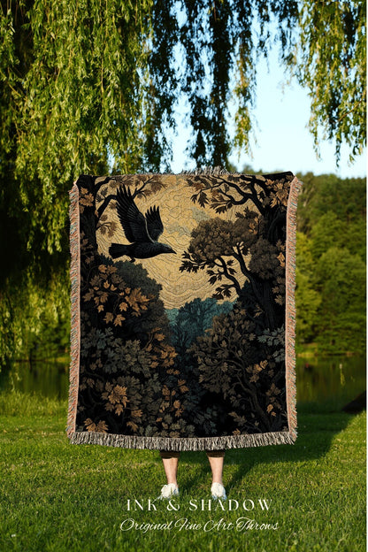 Crowcore Whimsigoth Tapestry Goth Blanket Woven Throw Blanket | Crow Decor Witchy Decor Bedroom Landscape Tapestry Dark Cottagecore Decor