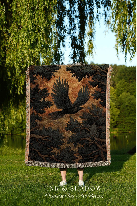 Crowcore Decor Gothic Tapestry Vintage Throw Blanket Woven | Crow Decor Dark Cottagecore Tapestry Woven Throw Blanket Whimsigoth Tapestry |