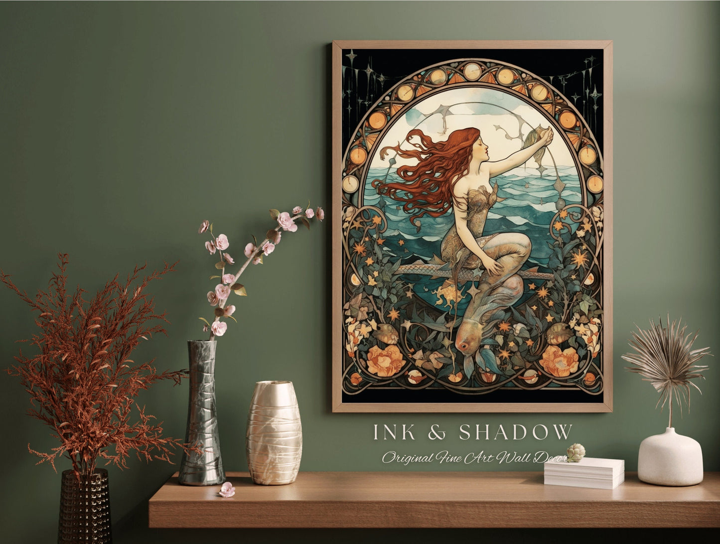 Art Nouveau Mermaid Wall Art Mermaidcore Room Decor | Siren Celestial Decor Printable Wall Art Vintage Mermaid Aesthetic Sea Witch Tapestry