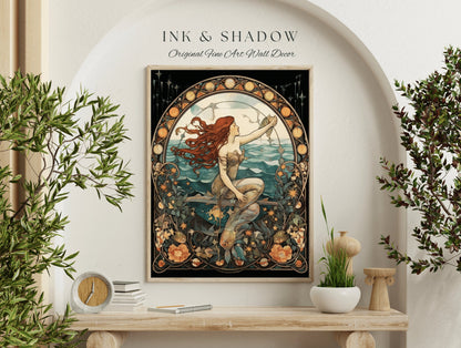 Art Nouveau Mermaid Wall Art Mermaidcore Room Decor | Siren Celestial Decor Printable Wall Art Vintage Mermaid Aesthetic Sea Witch Tapestry