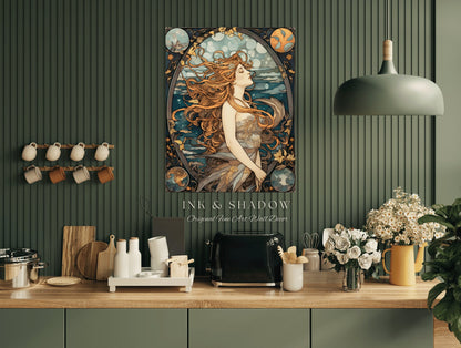 Sea Witch Wall Art Nouveau Room Decor Vintage | Siren Celestial Decor Printable Wall Art Vintage Mermaid Aesthetic Sea Witch Tapestry Dorm |