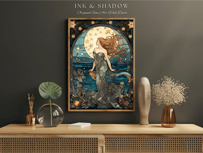 Celestial Mermaid Art Nouveau Room Decor Vintage Mermaid | Siren Celestial Decor Printable Wall Art Vintage Mermaid Aesthetic Dorm Tapestry