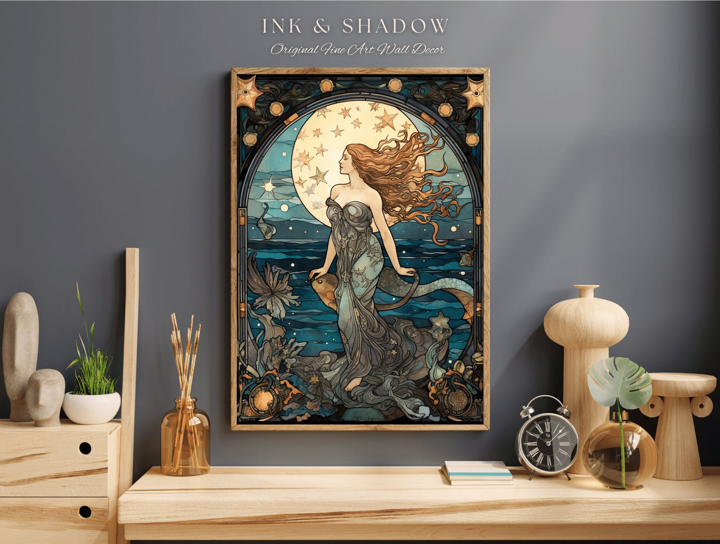 Celestial Mermaid Art Nouveau Room Decor Vintage Mermaid | Siren Celestial Decor Printable Wall Art Vintage Mermaid Aesthetic Dorm Tapestry